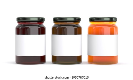 honey and orange marmalade jar or maple syrup jar.  jam in glass jar isolated mockup template - 3d render