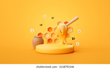 Honeycomb background product podium display 3d stand of natural honey bee pedestal template mockup or healthy nature stage platform backdrop and organic summer beauty beehive yellow scene showcase.