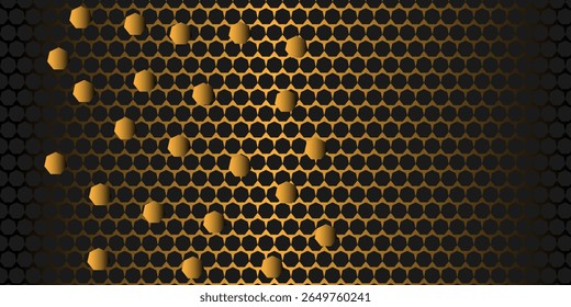 Honeycomb-patterned vector illustration with geometric orange and yellow hexagonal cells. Seamless honeycomb hexagon pattern. hexagonal metal, retro color. geometric hexagonal shape, tech, black, arts