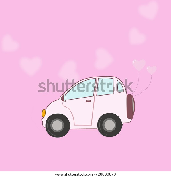 Honeymoon car, car cartoon for wedding card\
on pink background.\
Illustration.