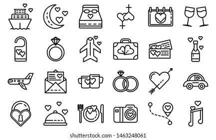 Honeymoon Icons Set. Outline Set Of Honeymoon Icons For Web Design Isolated On White Background