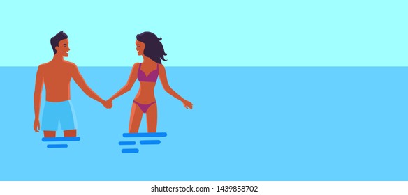 Honeymoon web banner with lovers raster illustration of man and woman holding hands standing in sea during bright summer day - Powered by Shutterstock