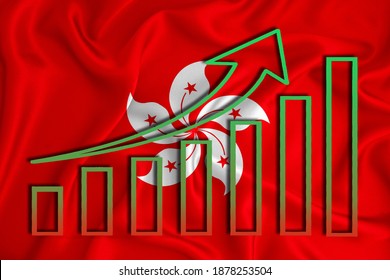 Hong Kong flag with a graph of price increases for the country's currency. Rising prices for shares of companies and cryptocurrencies. Economic recovery concept. 3D rendering