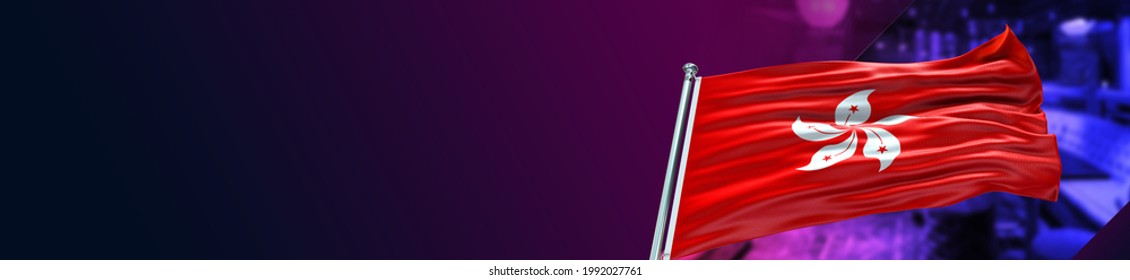 Hong Kong Flag With Night Club And Large Gradient - 3D Illustration - 3D Render  