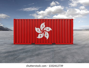Hong Kong flag, red and white, 3D rendering, container, globalization, reduce costs and accelerate logistics, shipped by ship, used by importers and exporters, blue sky, gray clouds.