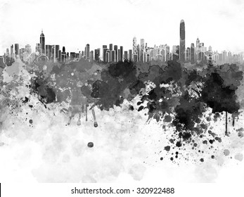 Hong Kong Skyline In Black Watercolor 