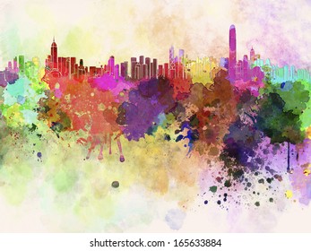 Hong Kong Skyline In Watercolor Background