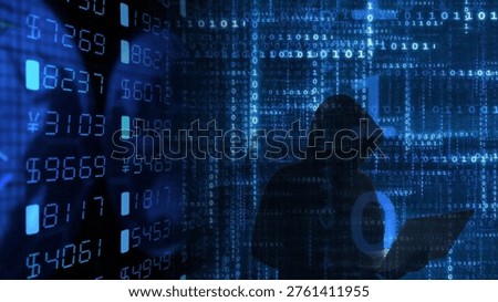 Hooded Hacker Silhouette Over Binary Code And Financial Data To Illustrate Cybercrime And Financial Data Breaches