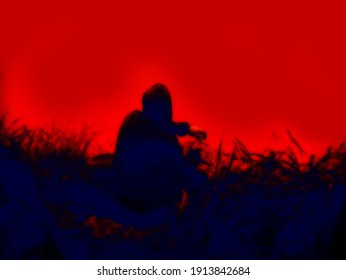 Hooded man sits over precipice. Abstract art, Thermal impressionism