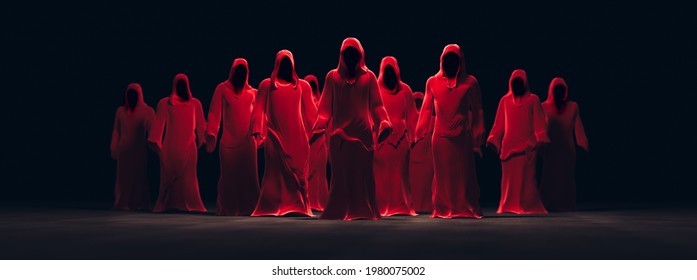 hooded red figures gathering in a dark room. high contrast image. 3D Rendering, illustration