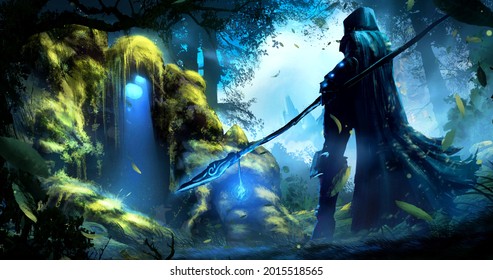 A hooded sorceress girl stands in front of a magical, moss-covered golem, under whose head is the entrance to the dungeon, standing in the middle of a windy, misty ancient forest. 2d illustration
