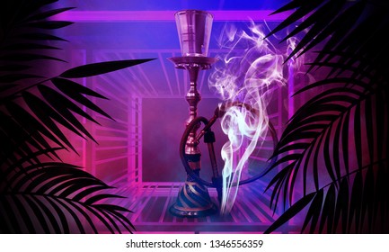 Hookah On Background Neon Lamps Tropical Stock Illustration 1346556359