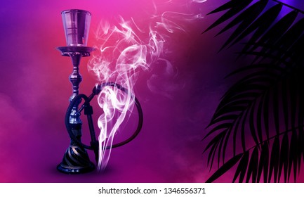 Hookah on the background of neon lamps and tropical leaves