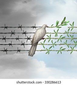 Hope concept as a dove on barbed wire to olive branches as a symbol for good will of man and a respect for humanity and the globe as a new year or holiday greeting with a wish of a safer world.