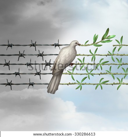 Hope concept as a dove on barbed wire to olive branches as a symbol for good will of man and a respect for humanity and the globe as a new year or holiday greeting with a wish of a safer world. Stock photo © 