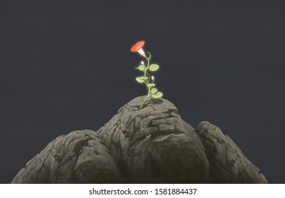 hope, freedom, life, different, contrast concept, imagination red flower growing in a rock, surreal and fantasy artwork, nature