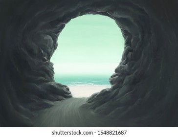 Hope freedom spiritual and mind concept surreal painting, fantasy art, the cave of human head and the sea, solution, imagination of nature artwork