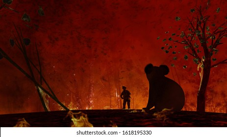 Hopeless And Sad Koala Can Do Nothing About Bush Fires In Australia. Sitting And Waiting Help From Fireman Coming 3d Rendering