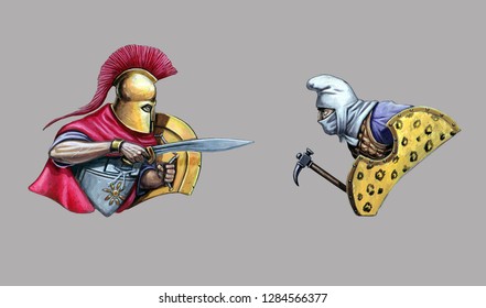 Hoplite against the Persian warrior. Greco-Persian war. Historical illustration.
