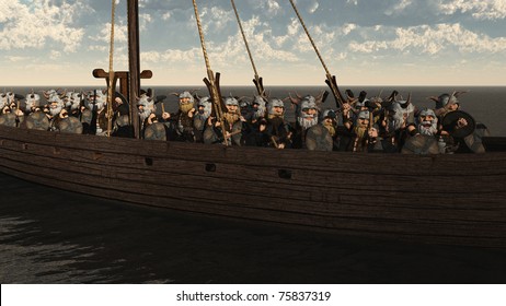 Horde Of Toon Viking Dwarfs On Their Longship, 3d Digitally Rendered Illustration