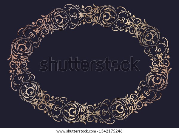 Horisontal oval golden Ornament frame with\
brushes element and space for text. Floral ornate Wreath and brush\
isolated on black background. Vintage frame for Save the Date Card,\
Wedding\
invitation