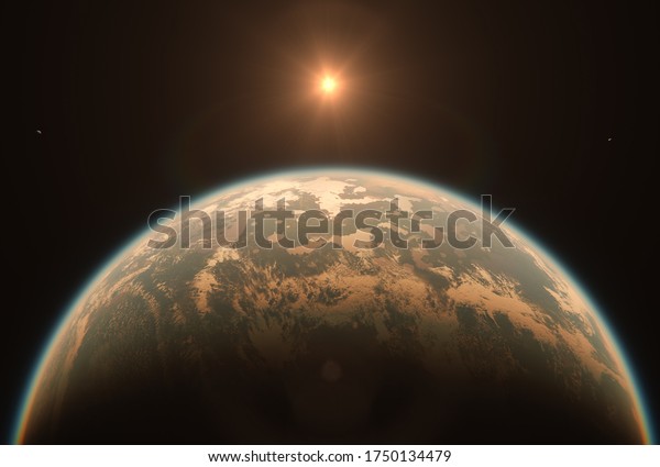 Horizon Landscape\
of Habitable Earth Like Planet with Two Moons and Sun in Space -\
Livable Exoplanet with Dual Moon Orbiting Red Dwarf System | Alien\
Life in Universe - 3D\
Rendering