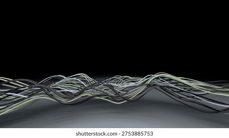 Horizontal 3D abstract lines connection ethernet wires network strings background copyspace wallpaper poster banner template mockup branding, dark black pastel gradient fiber flow wave data signal