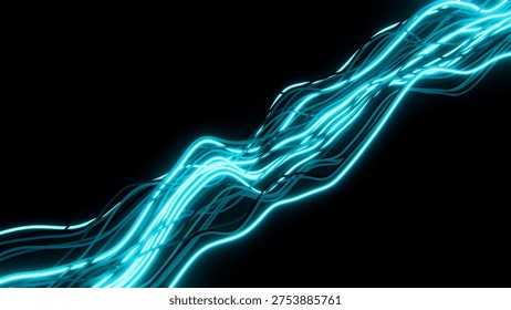 Horizontal 3D abstract lines connection ethernet neon glow blue cyan background, copyspace wallpaper poster banner template mockup branding, web wires digital network data signal