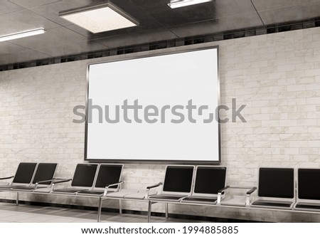 Horizontal A4 billboard on underground subway wall Mockup. Hoarding advertising on train station wall 3D rendering