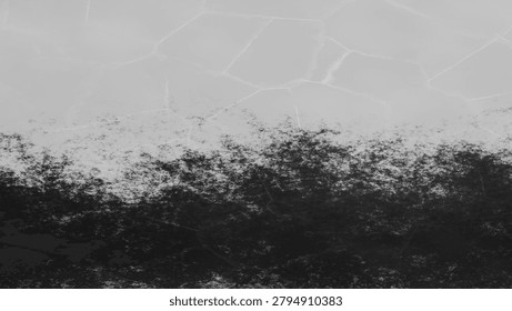 A horizontal abstract digital background featuring a stark monochrome contrast. The upper section displays a smooth, light grey surface with subtle cracked, polygonal lines resembling fractured ice or dry earth. The lower half organically transitions into a dark, rough, and noisy grunge texture that looks like spreading ink, charcoal, or weathered stone