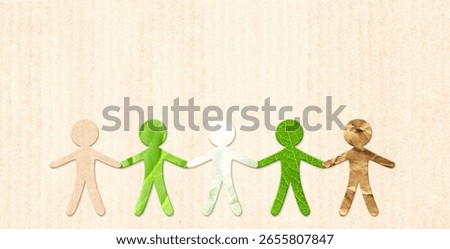 Horizontal background with paper human figures from recycled paper and green leaf, holding hands together. Cutout paper people. Eco-friendly, Ecology, go green, environmental, unity, teamwork concept