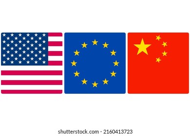 Horizontal Background Of US EU China Flags Icon Isolated Together. Abstract Politics Economy Concept Between USA, Europe And China