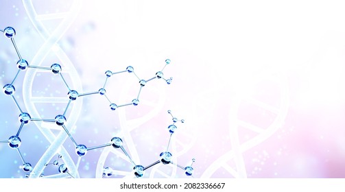 Horizontal Banner With Abstract Molecular Structure, DNA And Copy Space For Text. Genetic Engineering, GMO, Gene Manipulation Concept. Hi Tech Technology In Field Of Genetic Engineering. 3d Render