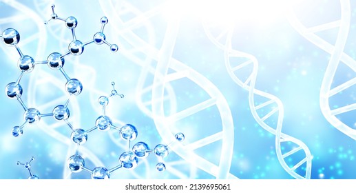 Horizontal banner with abstract molecular structure, DNA and copy space for text. Genetic engineering, GMO, gene manipulation concept. Hi Tech technology in field of genetic engineering. 3d render