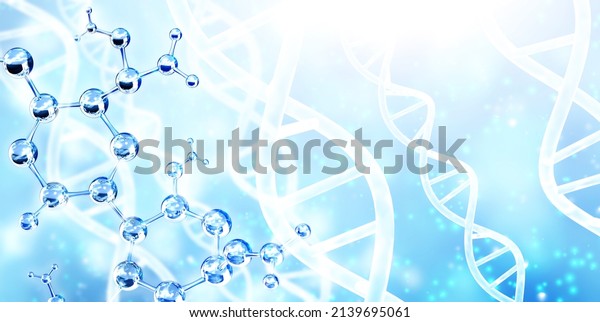 Horizontal banner with abstract molecular\
structure, DNA and copy space for text. Genetic engineering, GMO,\
gene manipulation concept. Hi Tech technology in field of genetic\
engineering. 3d\
render