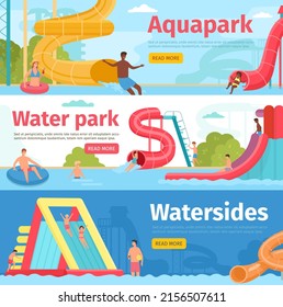 Horizontal Banner For Aquapark Rides With People On Water Slides. Family Resort Waterpark. Fun Swimming Playground And Pool  Flyer Set. Characters Having Outdoor Recreation On Vacation