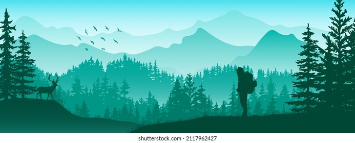 Horizontal banner. Silhouette of tourist with backpack stands on meadow in forrest, watch deer. Mountains and trees in background. Magical misty landscape, fog. Blue, green illustration. Bookmark.