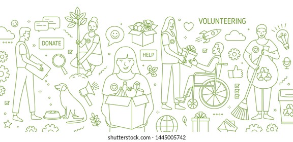 Horizontal banner with smiling young men and women volunteering or doing volunteer work drawn with green contour lines on white background. Monochrome illustration in modern lineart style - Powered by Shutterstock