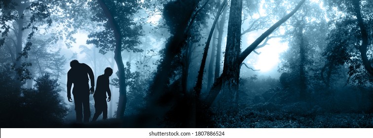Horizontal banner with two zombies in mysterious landscape of foggy forest. Halloween scene with walking dead's. Zombie apocalypse. 3d render
