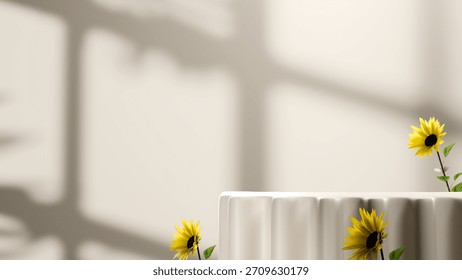 Horizontal beige interior background with white fluted podium yellow sunflower stems and soft window shadows 3D render