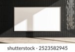 Horizontal billboard mockup on a black tiled wall with wooden floor in a modern interior. Light and shadows create a dramatic effect. 3D Rendering