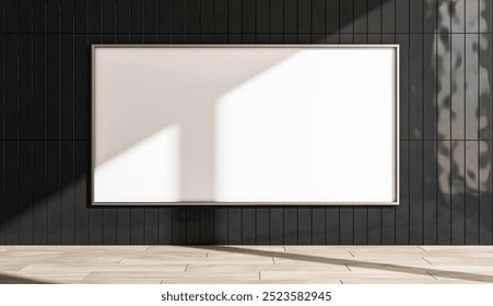 Horizontal billboard mockup on a black tiled wall with wooden floor in a modern interior. Light and shadows create a dramatic effect. 3D Rendering