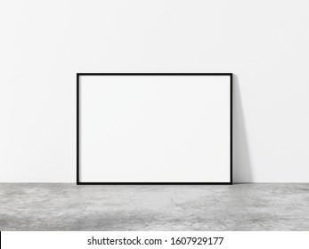 Horizontal Black Frame Mockup. Minimal Black Frame On Concrete Floor. Minimal Loft 3d Illustrations.