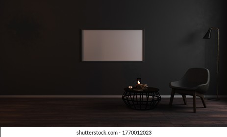 Horizontal Blank Frames Mock Up In Luxury Dark Living Room Interior Background With Grey Armchair In Night Light, Luxury Living Room Interior With Empty Picture Frames, 3d Rendering