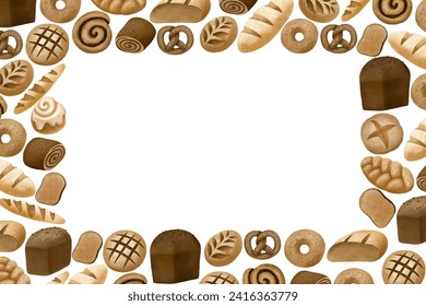Horizontal border frame with bread. Border of baking bread. Hand drawn wheat product. Horizontal banner of bakery on isolated background. Bake shop elements  frame.