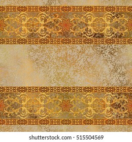 Horizontal Border. Pattern, Seamless. Gold Indian Paisley. Stylized Flowers, Openwork Weaving, Lace, Textile Packing Element East Design. Vintage Dark Golden Background.