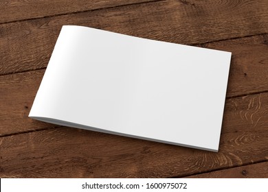 Horizontal Brochure Or Booklet Cover Mock Up On Wooden Background. Isolated With Clipping Path Around Brochure. Side View. 3d Illustratuion