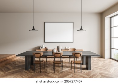 Horizontal Canvas On Beige Wall Of Dining Room Interior With Dark Wood Table, Six Chairs, Two Pendant Lamps, Sideboard And Parquet Floor. Concept Of Modern House Design. Mock Up. 3d Rendering