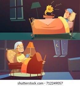 Horizontal Color Banners Depictin Man In Bed In Nightcap With Bad And Good Sleep  Illustration