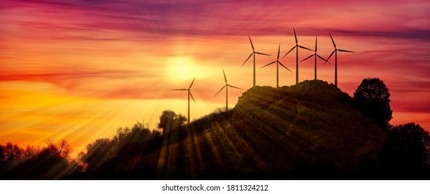 Horizontal composition of seven modern wind farms in the distance on a hill against the backdrop of a beautiful sunset in the evening as a background. 3D-illustration